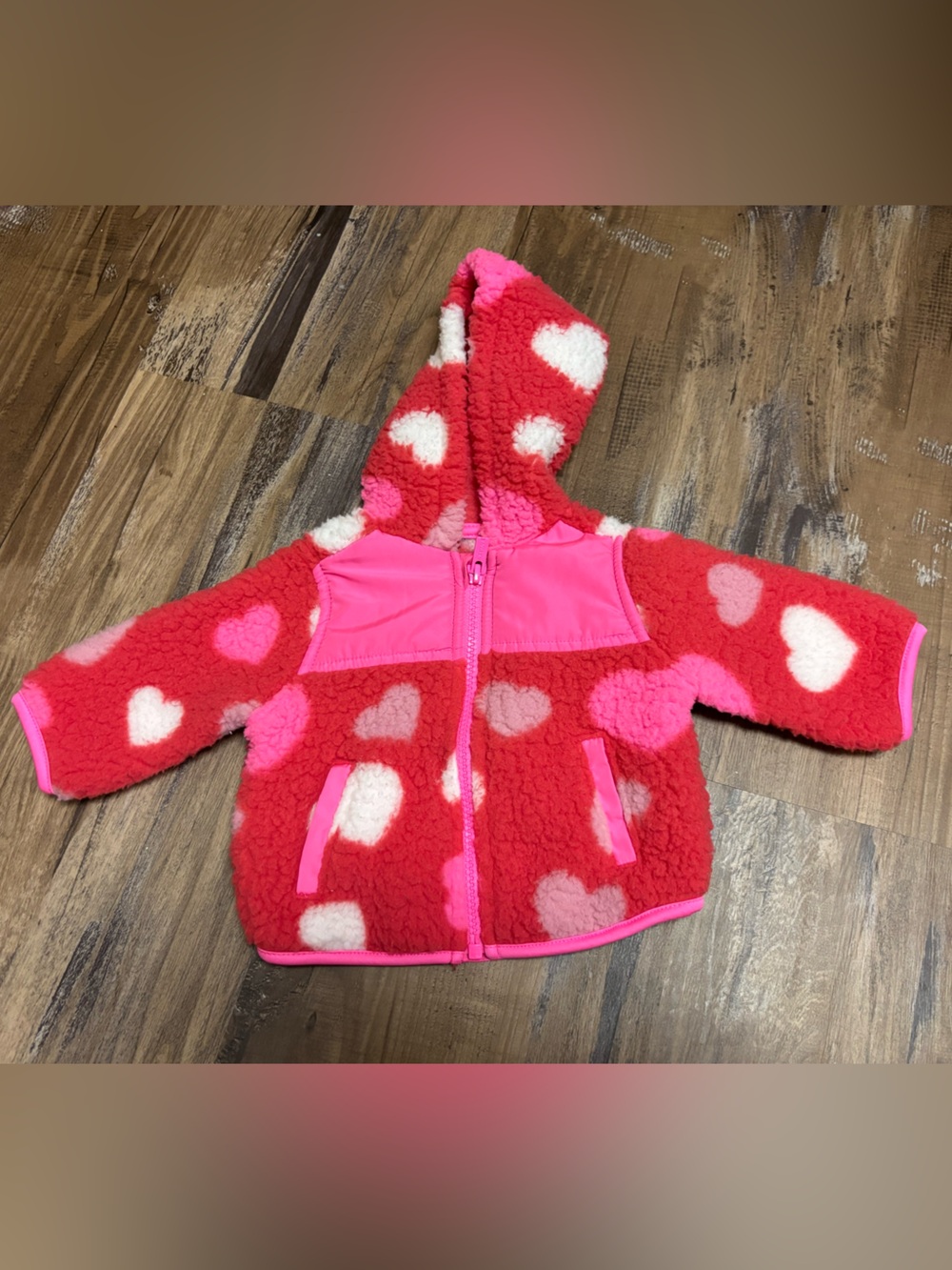 Old Navy Red & Pink Heart Sherpa Hooded Zip Up Jacket